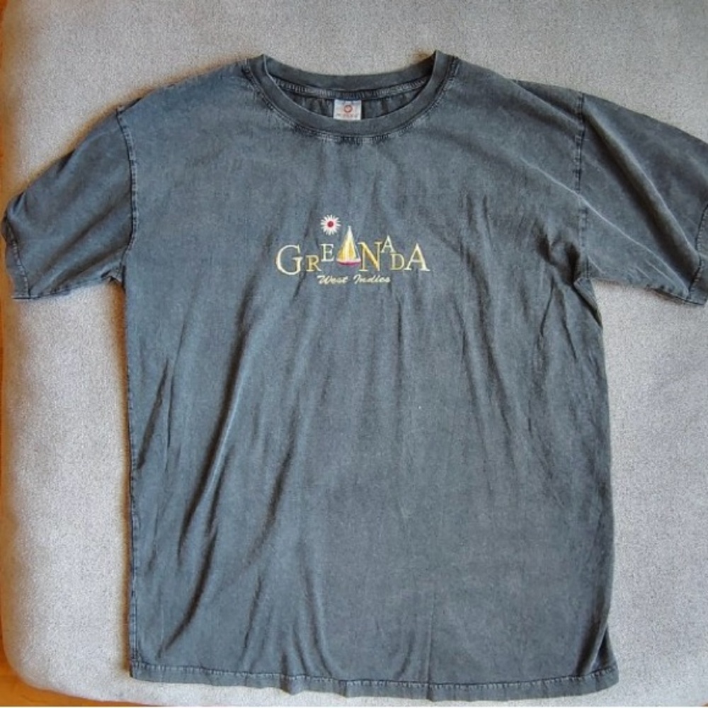 Vtg Embroidered Grenada West Indies Gray TShirt Mens 2X Sailboat Souvenir Cotton